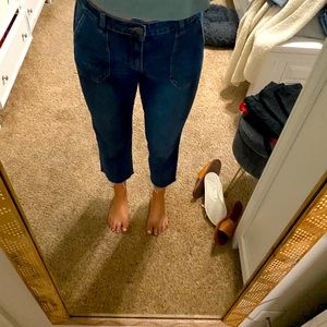 Raw hem blue straight leg jeans